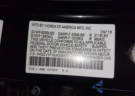 2018 Honda Accord Lx z USA, uszkodzony, nr VIN 1HGCV1F10JA239517